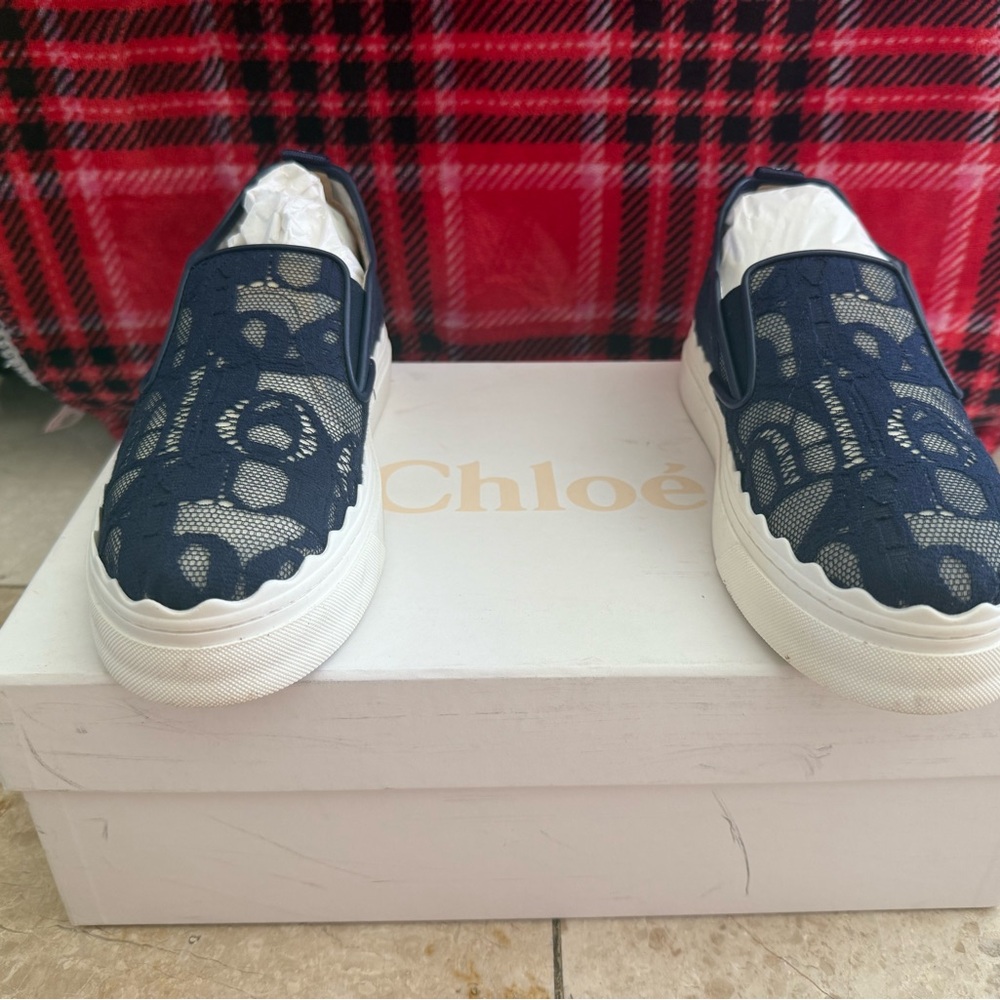 Chloe Navy Lace Slip-On Loafers